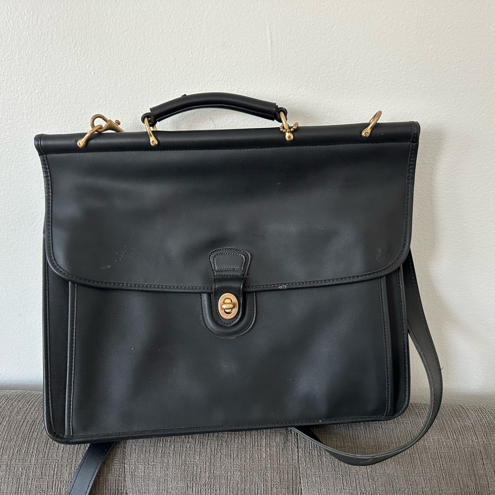 Coach Black Leather Briefcase Shoulder Bag with Gold Hardware